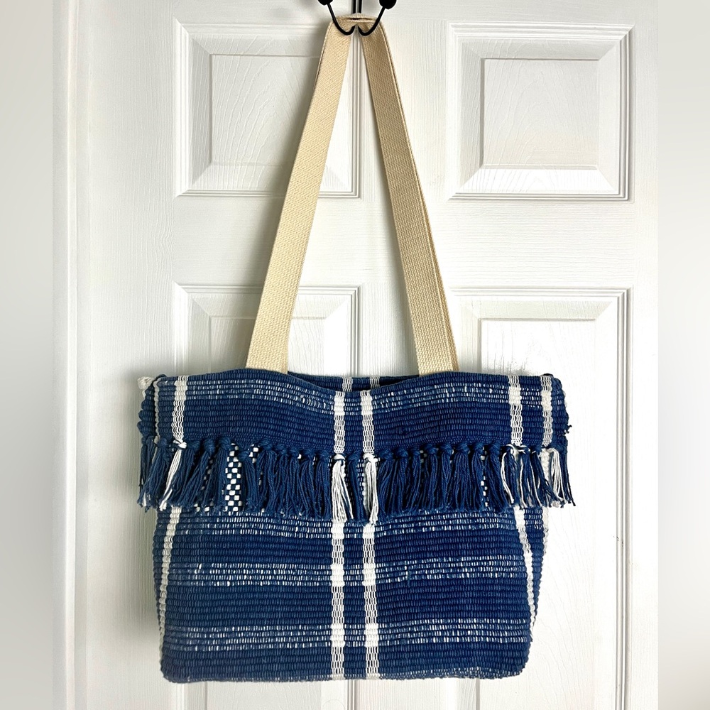 Boho Woven Blue Stripe Fringe Tote Bag Cotton Beach Market Bag